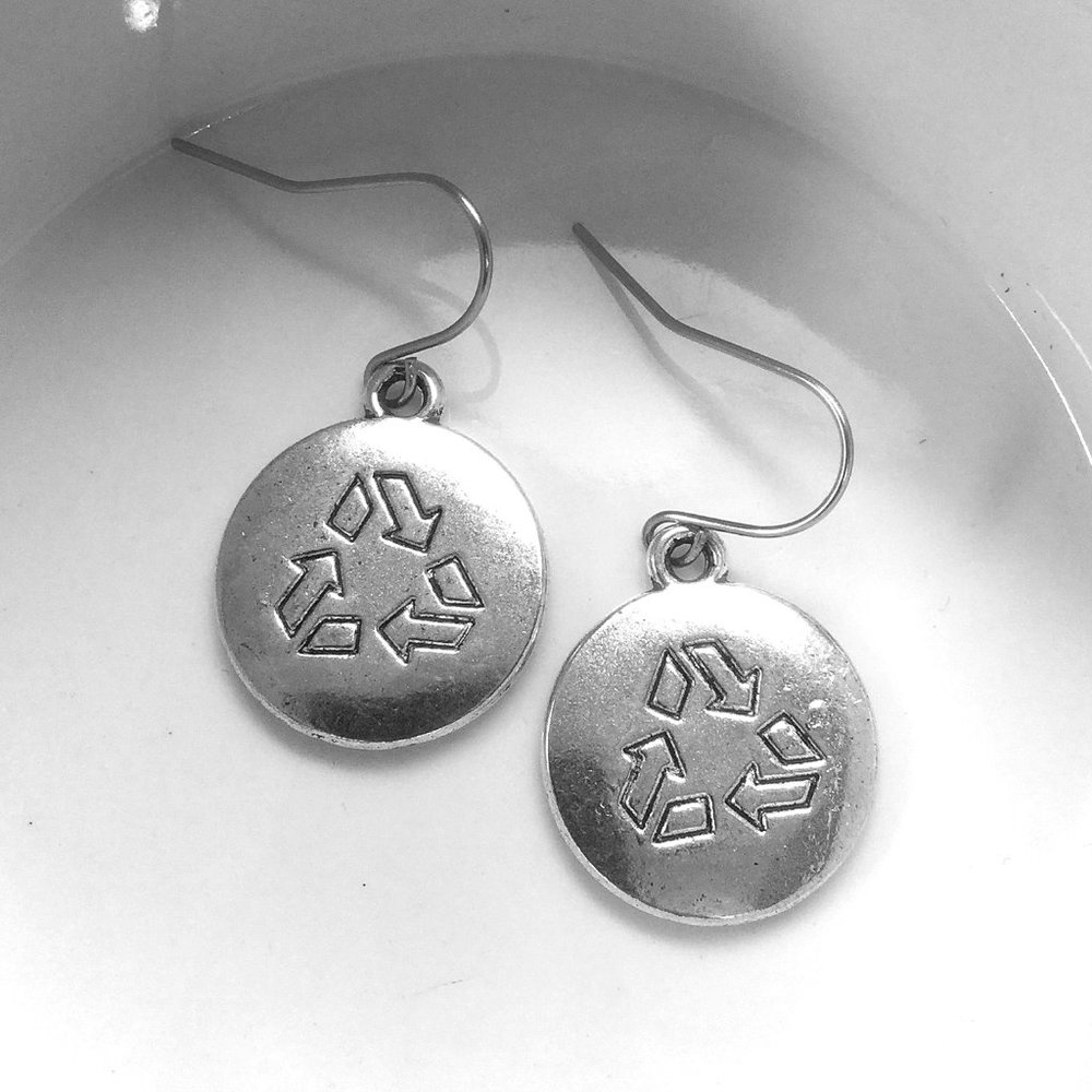 Miniature Recycle Symbol Reuse Environment Eco Friendly Charm Earrings